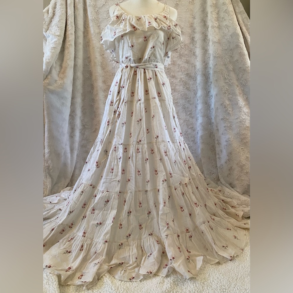 White maxi dress with pink floral print in a medium from Anthropologie